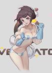  1girl bangs bare_shoulders beads bikini blue_gloves breasts brown_eyes brown_hair cleavage coat collarbone copyright_name cowboy_shot fur-trimmed_coat fur_coat fur_collar fur_trim gloves hair_bun hair_ornament hair_stick hands_up head_tilt highres large_breasts leaning_forward looking_at_viewer mei_(overwatch) midriff navel no_glasses open_mouth overwatch rabbit_(tukenitian) smile snowflake_hair_ornament solo stomach strapless strapless_bikini striped striped_bikini swimsuit vertical_stripes 