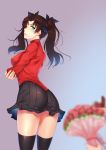  1girl absurdres ass black_hair black_legwear black_skirt blurry bouquet breast_hold confession covered_nipples crossed_arms depth_of_field fate/stay_night fate_(series) flower green_eyes hair_ribbon highres legs long_hair looking_at_viewer looking_back miniskirt pleated_skirt pov red_sweater ribbon skirt solo_focus sweater thigh-highs thighs toosaka_rin tsundere turtleneck two_side_up yin_lan_xue zettai_ryouiki 