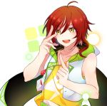  1boy ahoge blush commentary_request earrings ensemble_stars! highres hood hoodie hoodie_vest jewelry male_focus necklace open_mouth redhead sakasaki_natsume short_hair smile solo vest yellow_eyes 