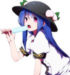  1girl black_hat blouse blue_hair blush commentary_request dripping eating food frills from_side fruit hat hinanawi_tenshi leaning_forward long_hair looking_at_viewer looking_to_the_side open_mouth peach popsicle puffy_short_sleeves puffy_sleeves red_eyes shirt short_sleeves simple_background solo tongue touhou upper_body white_background white_shirt you_(noanoamoemoe) 