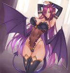 1girl armpits arms_up black_gloves black_legwear bracelet breasts bridal_gauntlets choker cleavage covered_navel daglasses demon_girl demon_tail demon_wings dutch_angle earrings elbow_gloves fingerless_gloves gloves hair_ornament hair_over_one_eye highres jewelry large_breasts leotard long_hair original parted_lips pointy_ears purple_hair see-through smile smirk solo tail thigh-highs very_long_hair violet_eyes wings 