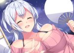  1girl :d ^_^ ahoge bare_shoulders blue_hair blush breasts cleavage closed_eyes fan large_breasts long_hair matoi_(pso2) milkpanda off-shoulder_sweater open_mouth paper_fan phantasy_star phantasy_star_online_2 smile solo sweater uchiwa 