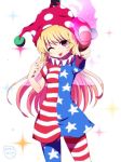  1girl ;p american_flag_dress american_flag_legwear armpit_peek blonde_hair breasts clownpiece commentary_request cowboy_shot dress fairy_wings foreshortening frilled_shirt_collar frills hat jester_cap long_hair looking_at_viewer one_eye_closed pantyhose pink_eyes polka_dot print_legwear short_dress short_sleeves small_breasts solo sparkle star tongue tongue_out torch touhou v very_long_hair wings you_(noanoamoemoe) 