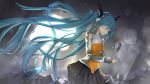  1girl aqua_hair closed_eyes fingerless_gloves floating_hair from_side gloves hatsune_miku headphones long_hair odds_&amp;_ends_(vocaloid) robot skirt solo twintails uf_6018 very_long_hair vocaloid 