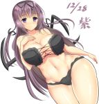  1girl adapted_costume bare_shoulders bikini black_bikini black_ribbon blush breasts character_name cleavage closed_mouth collarbone commentary_request cowboy_shot dated groin hair_ribbon large_breasts long_hair looking_at_viewer murasaki_(senran_kagura) navel noeomi purple_hair ribbon senran_kagura senran_kagura_(series) senran_kagura_shinovi_versus solo stomach swimsuit very_long_hair violet_eyes white_background 