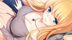  1girl bethly_rose_daisley blonde_hair blue_eyes blush bra breasts cleavage game_cg gin&#039;iro_haruka jewelry koizumi_amane lace lace-trimmed_bra large_breasts long_hair looking_at_viewer necklace out_of_frame pink_bra pov smile solo_focus underwear 