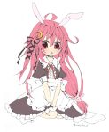  1girl alternate_costume animal_ears apron artist_request bunny_hair_ornament commentary_request crescent crescent_hair_ornament dress enmaided hair_ornament hair_ribbon highres kantai_collection kemonomimi_mode long_hair low-tied_long_hair maid pink_eyes pink_hair puffy_short_sleeves puffy_sleeves rabbit_ears ribbon short_sleeves solo twitter_username uzuki_(kantai_collection) waist_apron 