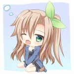  1girl bow brown_hair chibi fang green_eyes hair_bow hair_ornament if_(choujigen_game_neptune) long_hair looking_at_viewer neptune_(series) one_eye_closed open_mouth side_ponytail sitting solo tears wariza whitey yawning 