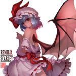  1girl back bangs bare_shoulders bat_wings blue_hair bow breasts character_name closed_mouth colored_eyelashes cowboy_shot from_side hat hat_ribbon highres looking_at_viewer looking_to_the_side mob_cap no_bra off_shoulder pink_hat pink_skirt puffy_short_sleeves puffy_sleeves red_bow red_eyes red_ribbon remilia_scarlet ribbon ribbon-trimmed_skirt sash short_hair short_sleeves simple_background skirt skirt_lift skirt_set small_breasts solo touhou vampire white_background wings zhaoyebai 