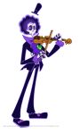  1boy afro atomi-cat black_hair brook commentary formal hat heart highres instrument male_focus music mystery_skulls one_piece parody playing_instrument popped_collar purple_hair simple_background skeleton solo standing style_parody suit top_hat violet_eyes violin watermark web_address white_background 