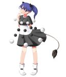  1girl alternate_hairstyle blue_eyes blue_hair blush commentary_request doremy_sweet dress finger_to_mouth full_body highres long_hair looking_at_viewer mono_(mono60) no_hat no_headwear parted_lips pom_pom_(clothes) ponytail short_sleeves smile socks solo tail tapir_tail touhou transparent_background white_legwear 