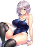  1girl black_legwear blue_eyes blush breasts cleavage competition_school_swimsuit hair_ornament hair_over_one_eye hairclip hamakaze_(kantai_collection) highres huge_breasts kantai_collection looking_at_viewer one-piece_swimsuit school_swimsuit short_hair silver_hair simple_background solo swimsuit thigh-highs tsukumiya_amane white_background 