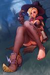  1girl alternate_costume barefoot blonde_hair breasts brown_legwear cleavage earrings feet highres hips holding holding_shoes jewelry kyle_(kairunoburogu) long_hair looking_at_viewer medium_breasts mercy_(overwatch) nail_polish overwatch revision shoes single_shoe smile solo thigh-highs toeless_legwear toenail_polish toes witch_mercy 