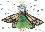  1girl :d absurdres bare_arms butterfly butterfly_wings dress eternity_larva hidden_star_in_four_seasons highres leaf monarch_butterfly open_mouth outstretched_arms sanzuri short_hair smile spread_arms touhou wings yellow_eyes 