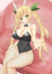 1girl :o animal_ears bare_shoulders blonde_hair blush breasts bunnysuit cleavage commentary_request covered_navel detached_collar elf fake_animal_ears fishnet_pantyhose fishnets foreshortening green_eyes green_ribbon hair_ribbon head_tilt large_breasts leotard long_hair looking_at_viewer noeomi pantyhose pointy_ears rabbit_ears ribbon sennen_sensou_aigis shiny shiny_skin sitting solo spica_(sennen_sensou_aigis) twintails wrist_cuffs 