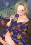  1girl android_18 aqua_eyes arm_support blonde_hair blush bottle breasts cleavage dragon_ball dragon_ball_z earrings electric_fan glass highres ice japanese_clothes jewelry kimono kokuryuugan off_shoulder open_mouth short_hair sitting smile solo yokozuwari yukata 