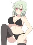  1girl bikini black_bikini black_legwear blush breasts cleavage closed_mouth collarbone commentary_request cowboy_shot green_hair groin hand_on_hip ichiryuu_tsumiki knee_up large_breasts looking_at_viewer mole mole_on_thigh naraku_(senran_kagura) navel o-ring_bikini pink_eyes senran_kagura senran_kagura_(series) short_hair solo stomach swimsuit thigh-highs under_boob white_background 