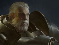  1boy armor beard eye_scar facial_hair full_armor male_focus manly no_headwear no_helmet old_man overwatch pauldrons photorealistic plate_armor reinhardt_(overwatch) scar scar_across_eye shengxie short_hair shoulder_pads solo upper_body white_hair 