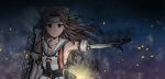  1girl black_gloves brown_eyes brown_hair collarbone elbow_gloves forehead_protector gloves hachimaki hair_intakes half_updo hamu_agaki headband highres jintsuu_(kantai_collection) kantai_collection long_hair looking_at_viewer night night_sky outstretched_arm remodel_(kantai_collection) sarashi school_uniform serafuku sky smoke solo sparkle star_(sky) starry_sky turret wind 