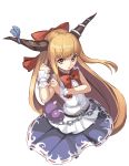  1girl absurdres bangs belt bow brown_eyes brown_hair chain clenched_hand fps gourd hand_on_own_arm hand_up highres horn_bow horn_ribbon horns ibuki_suika long_hair looking_to_the_side looking_up open_mouth purple_skirt ribbon ribbon-trimmed_skirt serious shiny shiny_hair shirt simple_background skirt sleeveless sleeveless_shirt solo torn_clothes torn_sleeves touhou upper_body very_long_hair white_background white_shirt wrist_cuffs 