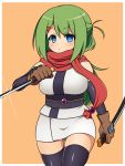  1girl ass_visible_through_thighs black_legwear blue_eyes borrowed_character breasts dual_wielding female gloves green_hair haniwagi_(hal) long_hair ninja ninjatou original panties scarf simple_background solo thigh-highs underwear white_panties yunomiya_agari 