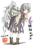  1girl bent_over boots character_name feathered_wings finger_to_mouth full_body hand_on_hip inuno_rakugaki jacket kishin_sagume open_clothes open_jacket pigeon-toed red_eyes single_wing solo touhou white_background white_hair white_wings wings 