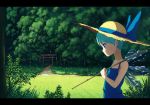  1girl adapted_costume alternate_hair_length alternate_hairstyle anime_coloring bare_arms blue_dress blue_eyes blue_hair carrying cirno dress expressionless forest hat hat_ribbon highres letterboxed looking_down meadow nature path pole profile ribbon road rope sasaj shimenawa short_hair shoulder_carry signature solo straw_hat sundress torii touhou very_short_hair wings 