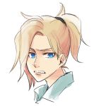  1girl anco_(platanity) blonde_hair blue_eyes collared_shirt disgust face hair_ornament hair_tie lips looking_at_viewer mercy_(overwatch) open_mouth overwatch pink_lips shirt simple_background solo teeth white_background 
