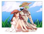  1boy 1girl :d armor artist_name bare_shoulders bloomers blue_sky blush bodysuit brown_hair bunny_hair_ornament closed_eyes clouds cloudy_sky collarbone cyborg d.va_(overwatch) dress genji_(overwatch) grass grin hair_ornament hairclip hand_up hands_on_own_knees hat helmet highres kneeling long_hair open_mouth overwatch plant power_armor sitting sky smile straw_hat sun_hat sundress teeth underwear veil white_dress 