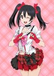 1girl ;d black_hair bokura_wa_ima_no_naka_de bow choker commentary_request fingerless_gloves frills gloves hair_bow heart heart_hands looking_at_viewer love_live! love_live!_school_idol_project navel one_eye_closed open_mouth red_eyes red_gloves short_hair short_sleeves shunzou skirt smile solo twintails yazawa_nico 