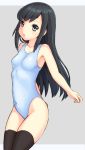  1girl asashio_(kantai_collection) bare_arms bare_shoulders black_hair black_legwear blue_eyes blue_swimsuit breasts chestnut_mouth collarbone highleg highleg_swimsuit kantai_collection kurogane_daichi long_hair navel one-piece_swimsuit small_breasts solo swimsuit thigh-highs 