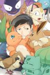  1boy black_hair blue_eyes bulbasaur charmander closed_eyes doduo eevee fangs fire gastly grey_eyes hood hoodie looking_at_another looking_to_the_side male_focus male_protagonist_(pokemon_go) meowth oddish one_eye_closed pidgey pokemon pokemon_(creature) pokemon_go sitting sleeping smile sweatdrop tentacool visor_cap 