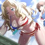  2girls abs alisa_(girls_und_panzer) american_flag_bikini ass_visible_through_thighs bikini blonde_hair blue_eyes breasts brown_eyes brown_hair clouds collarbone flag_print from_below girls_und_panzer kay_(girls_und_panzer) large_breasts looking_at_viewer multiple_girls nakahira_guy navel one-piece_swimsuit panties popsicle side-tie_panties sky smile swimsuit underwear 