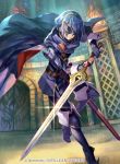  blue_hair cape copyright_name fingerless_gloves fire_emblem fire_emblem:_kakusei fire_emblem_cipher gloves holding holding_weapon jewelry long_hair lucina marth_(fire_emblem:_kakusei) mask nintendo official_art solo sword thigh-highs tiara weapon 