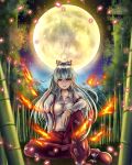  1girl amatoubun arm_rest armband bamboo bamboo_forest breasts embers fire forest fujiwara_no_mokou full_moon hair_ribbon highres impossible_clothes impossible_shirt indian_style knee_up lips long_hair long_sleeves looking_at_viewer medium_breasts moon nature night ofuda outdoors pants parted_lips red_eyes red_shoes ribbon shirt shoe_ribbon shoes silver_hair sitting sitting_on_ground sky solo star_(sky) starry_sky suspenders touhou very_long_hair white_shirt 