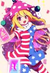 1girl :d american_flag_dress american_flag_legwear blonde_hair blush breasts card clownpiece commentary_request cowboy_shot fairy_wings fang frilled_shirt_collar frills hat jester_cap joker long_hair looking_at_viewer open_mouth outstretched_arms pantyhose pink_eyes playing_card polka_dot print_legwear short_sleeves small_breasts smile solo spread_arms star star-shaped_pupils symbol-shaped_pupils touhou very_long_hair wings you_(noanoamoemoe) 