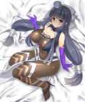  1girl agnes_(sennen_sensou_aigis) arm_support bangs black_hair blunt_bangs blush breasts brown_shoes cleavage closed_mouth commentary_request elbow_gloves gloves high_heels large_breasts loincloth long_hair looking_at_viewer low-tied_long_hair low_twintails noeomi purple_gloves red_eyes sennen_sensou_aigis shoes sitting skin_tight skull smile solo spandex twintails unitard veil very_long_hair 