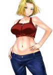  1girl android_18 aqua_eyes arm_support bare_shoulders blonde_hair blue_eyes breasts crop_top dragon_ball dragon_ball_z hand_on_hip highres kokuryuugan large_breasts looking_at_viewer midriff navel short_hair solo 