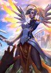  1girl blonde_hair blue_eyes bodysuit breasts gloves high_ponytail highres large_breasts lips looking_at_viewer mechanical_halo mechanical_wings mercy_(overwatch) out_of_frame overwatch pantyhose ponytail pov short_hair solo_focus wings x.four yellow_wings 