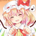  1girl :d ^_^ ascot blonde_hair blush bow clenched_hands closed_eyes facing_viewer fang flandre_scarlet gradient gradient_background gradient_hair hair_between_eyes hat hat_bow mob_cap multicolored_hair musical_note open_mouth orange_background paw_pose puffy_sleeves purple_hair quaver ramudia_(lamyun) red_bow side_ponytail smile solo spoken_musical_note touhou twitter_username upper_body wings wrist_cuffs 