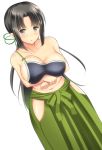  1girl :o bangs bare_shoulders black_eyes black_hair blush breast_hold breasts cleavage collarbone commentary_request green_ribbon hair_ribbon hakama hip_vent japanese_clothes kazuha_(sennen_sensou_aigis) large_breasts long_hair looking_at_viewer muneate naked_muneate navel noeomi parted_bangs ribbon sennen_sensou_aigis sideboob solo stomach very_long_hair white_background 