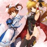  2girls :d ^_^ armpits arms_up black_legwear blonde_hair breasts brown_hair cape closed_eyes covered_nipples dress fate_testarossa fingerless_gloves gauntlets gloves grin groin hair_ribbon highleg highleg_leotard jacket juliet_sleeves leotard long_hair long_sleeves lyrical_nanoha magical_girl mahou_shoujo_lyrical_nanoha mahou_shoujo_lyrical_nanoha_a&#039;s mahou_shoujo_lyrical_nanoha_the_movie_2nd_a&#039;s multiple_girls open_mouth petals puffy_sleeves pupps red_eyes ribbon short_twintails sidelocks smile takamachi_nanoha thigh-highs twintails 