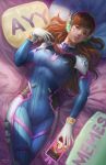  1girl 2016 artist_name bangs bed_sheet bodysuit bracer breasts brown_eyes brown_hair bunny_print cellphone covered_navel cowboy_shot d.va_(overwatch) dated emblem facepaint facial_mark gloves hand_up headphones legs_together lips logo long_hair long_sleeves lying medium_breasts norman_de_mesa on_back on_bed overwatch parted_lips pauldrons phone pillow pilot_suit pink_lips ribbed_bodysuit shoulder_pads skin_tight smartphone solo thigh-highs thigh_strap turtleneck whisker_markings white_gloves yes-no_pillow 