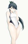  1girl black_hair blue_eyes competition_swimsuit embarrassed flying_sweatdrops houshou_(kantai_collection) kantai_collection long_hair one-piece_swimsuit ponytail solo souji standing swimsuit 