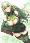  1girl bare_shoulders black_legwear border_break breasts bridal_gauntlets cleavage elbow_gloves fiona_(border_break) gloves green_eyes green_hair long_hair looking_at_viewer medium_breasts parted_lips shunzou sign solo thigh-highs thighs warning_sign 