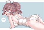  1girl aoba_(kantai_collection) ass breasts grey_eyes kantai_collection kurogane_daichi looking_at_viewer lying on_stomach one-piece_swimsuit open_mouth pink_hair ponytail solo swimsuit white_swimsuit 