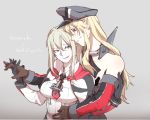  2girls bangs bare_shoulders bismarck_(kantai_collection) black_gloves blonde_hair blue_eyes breasts brown_gloves capelet character_name detached_sleeves gloves gradient gradient_background graf_zeppelin_(kantai_collection) hair_between_eyes hat iron_cross kantai_collection large_breasts long_hair long_sleeves looking_at_another military military_uniform multiple_girls open_mouth pale_skin peaked_cap smile takatsuki_nato taut_clothes teeth uniform 