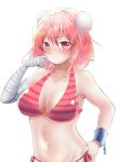  1girl alternate_costume asa_(goodikanosushi) bandaged_arm bandages bikini blush breasts bun_cover collarbone covered_nipples cuffs double_bun frown hair_between_eyes hair_bun hand_on_hip hand_to_own_mouth highres ibaraki_kasen large_breasts looking_at_viewer midriff navel pink_eyes pink_hair shackles short_hair side-tie_bikini smile solo striped striped_bikini swimsuit touhou upper_body 