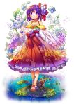  1girl adapted_costume black_cat bow bracelet cat collarbone commentary_request floral_background floral_print flower frills hair_bow hakama hand_up hieda_no_akyuu highres japanese_clothes jewelry looking_at_viewer obi off_shoulder purple_hair red_bow reflection rock sandals sash see-through signature simple_background solo sparkle suou_sakura touhou violet_eyes water white_background 