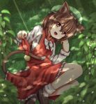  1girl :3 :d animal_ears baram bell bobby_socks brown_hair cat_ears cat_tail chen daisy dappled_sunlight fang flower grass hat highres jewelry jingle_bell loafers long_sleeves looking_at_viewer lying mob_cap multiple_tails on_side open_mouth outdoors red_eyes ribbon shoes short_hair single_earring skirt smile socks solo sunlight tail tail_ribbon touhou vest 